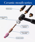 Complete TIG Welding Torch Accessories Kit with glass cup, gas lens, back cap, collet nozzle, and glass screen components layout.