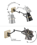 Dope Modern Industrial Swing Arm Wall Sconce In Matte Black With Brass Accents showing pivoting movement and switch details