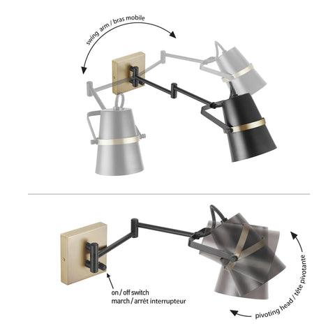 Dope Modern Industrial Swing Arm Wall Sconce In Matte Black With Brass Accents showing pivoting movement and switch details