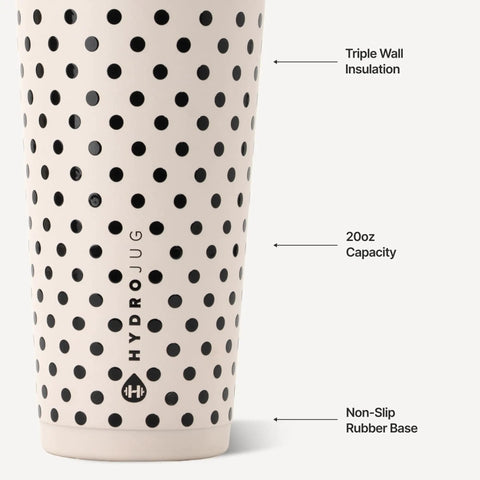 Polka Dot Tumbler Cup 20 Oz French Vanilla Vibes with triple wall insulation and non-slip rubber base.