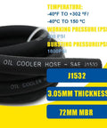 Close-up of Five Eighths Inch Transmission Oil Cooler Hose with 300 PSI rating and specifications in focus.