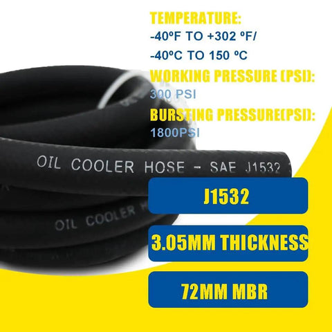 Close-up of Five Eighths Inch Transmission Oil Cooler Hose with 300 PSI rating and specifications in focus.