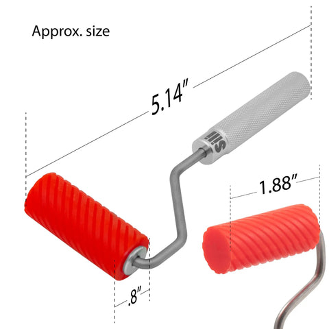 Silicone Glue Roller And Tray Set For Arts Crafts And Woodworking, featuring dimensions and red silicone roller with grip handle.