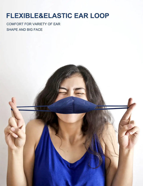 Woman stretching blue KN95 Face Mask 30 Pack 5 Ply Breathable Individually Wrapped Blue Mask PM25 showcasing elastic ear loops