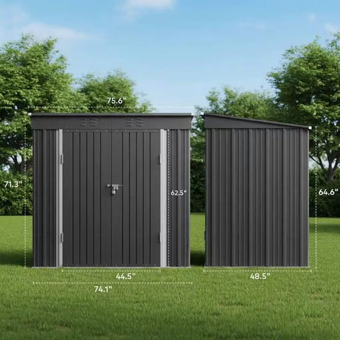 Lockable Metal Outdoor Storage Shed in Galvanized Steel, Rust-Resistant, Dark Gray, with dimensions shown in backyard setting