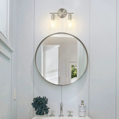 Two Light Brushed Nickel Bathroom Vanity Light With Clear Glass Shades, Indoor Wall Sconce Fixture Over Mirror