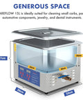 Angled front view of Dareflow 15L stainless steel ultrasonic cleaner with lid open and front control panel.