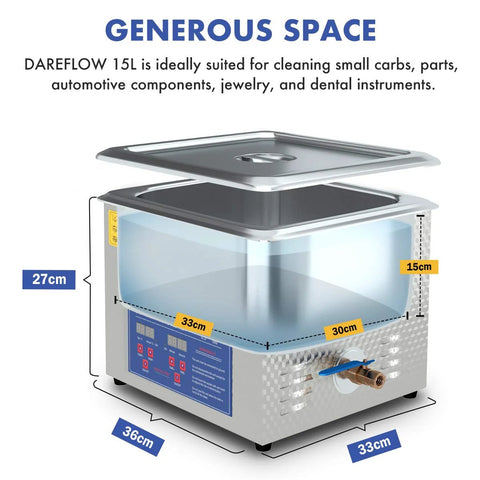 Angled front view of Dareflow 15L stainless steel ultrasonic cleaner with lid open and front control panel.