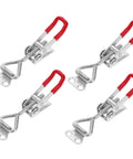 4 Pack Adjustable Metal Toggle Latch Clamps With Buckle Joint Design For Cabinets, Toolboxes, Doors, And Boxes, Heavy Duty Pull Latches, Easy Installation, Secure Locking. 4-pack silver metal toggle clamps with red handles