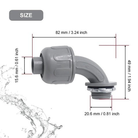 Premium Quality Top Shelf 2 Pack 1/2 Inch Npt Liquid Tight Pvc 90 Degree Conduit Connectors size dimensions display with water background.