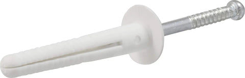 Truss Head Nylon Anchors 1/4 Inch By 1-1/2 Inch 100 Pack Tough As Nails Expansion Plugs For Concrete Block Brick And Stone Rock Solid Grip Wall Fasteners, detailed view of a white nylon anchor with metal screw.