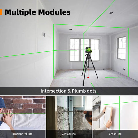 NT411G Multi Line Laser Level with four vertical lines and one horizontal line in a room, showing green beam for layout.