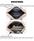 Interior view of Large Capacity Travel Tote Bag With Dry Wet Separation For Under Seat Carry On Gym Ready Luggage Duffel With Waterproof Nylon, showing organized sections.