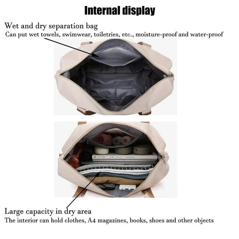 Interior view of Large Capacity Travel Tote Bag With Dry Wet Separation For Under Seat Carry On Gym Ready Luggage Duffel With Waterproof Nylon, showing organized sections.