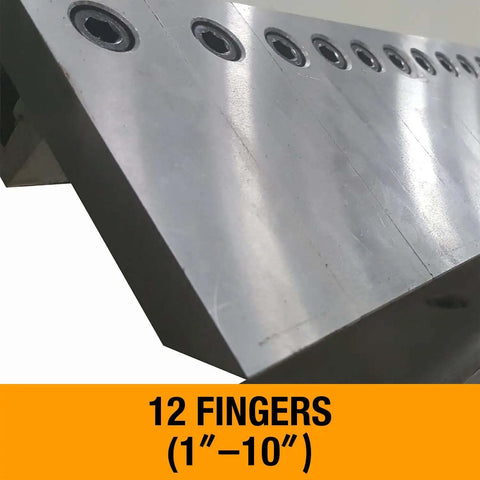 Close-up of 40 Inch Box and Pan Brake with 12 fingers for 12 gauge steel, showcasing metal bending tool components.