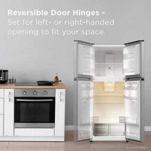 Compact Counter Depth Refrigerator With Top Freezer 11.6 Cubic Feet, Slick Silver Vibe, open doors showing interior features.