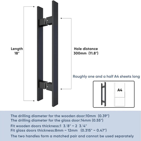 Heavy Duty 18 Inch Barn Door Pull Handle And Push Plate Set Matte Black, Grade 304 Stainless Steel size and mounting details