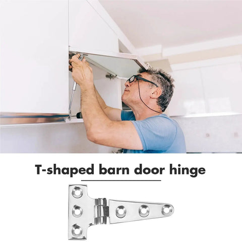 Heavy Hitter T Shaped Barn Door Hardware Stainless Steel Pivot Hinge installed by a man on interior wooden gate.