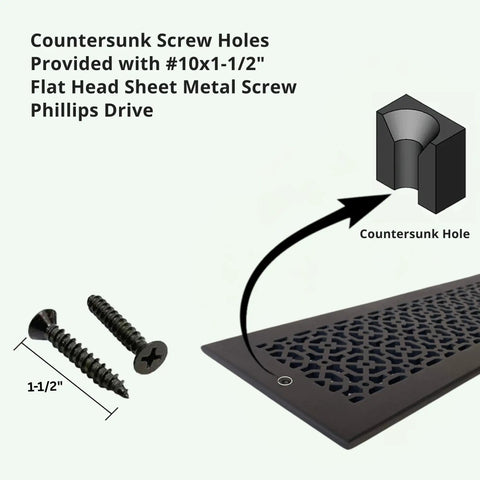 Countersunk holes detail on Beefy Solid Cast Aluminum HVAC Air Return Grill Vent Cover For 4x30 Duct Opening, screws shown