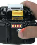 Hand holding Twin Pack 18V LXT Lithium Ion 4.0Ah Battery with LED charge indicator showing power level