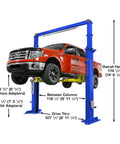 Boss Shop Two Post Auto Lift With 15000 Pound Capacity showing red truck, height measurements, and symmetric arms.