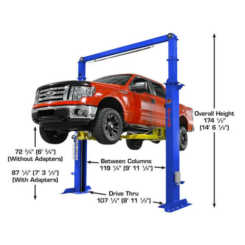 Boss Shop Two Post Auto Lift With 15000 Pound Capacity showing red truck, height measurements, and symmetric arms.
