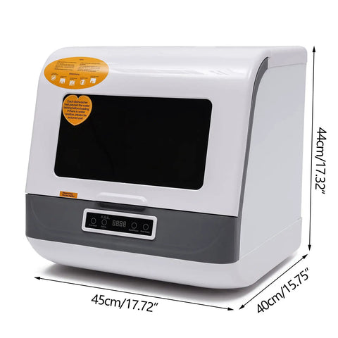 Portable Countertop Dishwasher With Three Wash Cycles Smart Mini Rack For Apartments Rv And Boat Includes Flexible Water Hose Rapid Hot Air Dry Stress Free Cleanup, compact white unit dimensions 45cm x 44cm x 40cm.