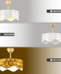 akiuzna Boho Shell Caged Ceiling Fan with Light and Remote, Fandelier in gold and white shown with lights on and off.