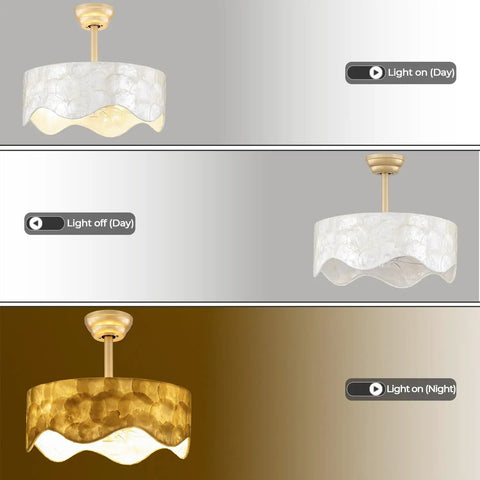 akiuzna Boho Shell Caged Ceiling Fan with Light and Remote, Fandelier in gold and white shown with lights on and off.