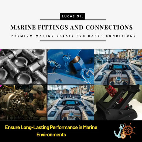 Collage of marine fittings, steering systems, and boat engine components with Heavy Duty Lithium Complex Marine Grease for Boat Trailers.