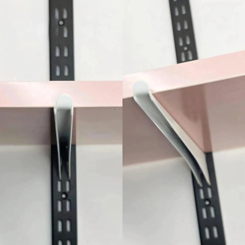 Sturdy Carbon Steel Shelf Brackets For Slotted Shelves Beefy Heavy Duty Wall Mount Hardware in use on slotted shelf support