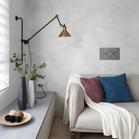 Top Tier 15 Amp Decorator Wall Outlet With Included Wall Plate And Efficient USB Type C Charging mounted on a modern living room wall.