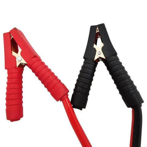 Red and black battery jumper cables with rubber grips for quick connections during auto repairs.