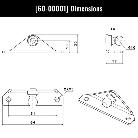 Heavy Duty 10mm Ball Stud Mounting Brackets Pack Of Four Built Tough As Nails With A Slick Black Powder Coat dimensions sketch showcasing size and shape.