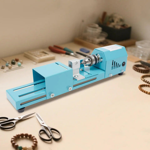 Compact Mini Lathe Machine For Table Workbench Precision Wood Turning Milling Tool With 96W Copper Motor in blue color on workbench.
