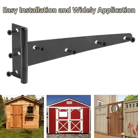 Heavy Duty T Shaped Hinges Pack Of 3 12 Inch Black Metal Foldable Gate Hardware for easy installation on garden sheds and barn doors.