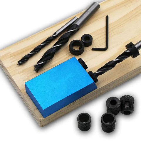 Carpentry Locator Jig For 15 Degree Dowel Drilling Kit With 6 8 And 10mm Drive Adapters displayed on wooden board.
