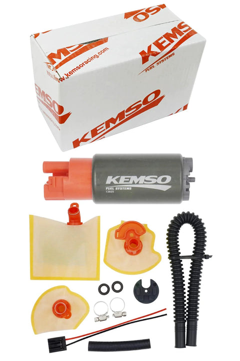 Beefed Up 340LPH High Performance Fuel Pump For Subaru And Honda Vehicles Replaces AEM 50-1215 Delivers Up To 600 HP In NA Turbo And Supercharged Setups Gasoline Or E85 Compatible With A 125.8 Psi Bypass Valve For Strong, Reliable Fuel Delivery And USA shown with parts and packaging