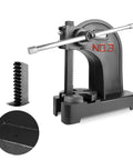 Heavy Duty 3 Ton Manual Arbor Press Machine Featuring Ratchet Handle And Comfort Grip Wheel For Desktop Metal Punching close-up of handle and base.