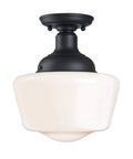 Vintage Style Outdoor Ceiling Light One Light Semi Flush Mount In Textured Black With White Opal Glass For Front Porch And Balcony, 9 Inch Exterior Fixture, Outdoor Rated, 60W Max Bulb, Energy Efficient shown from below against a white background.