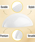 White Cup Drawer Pulls 3 Inch, 10 Pack Cabinet Handles, close-up of white metal cup pull highlighting durability and stylish design.
