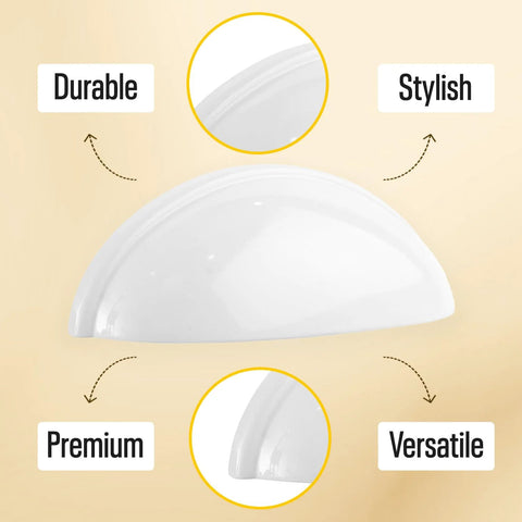 White Cup Drawer Pulls 3 Inch, 10 Pack Cabinet Handles, close-up of white metal cup pull highlighting durability and stylish design.