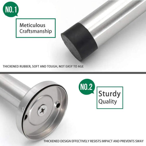 Close-up of Long 8 Inch Stainless Steel Door Stopper Heavy Duty Brushed Finish With Rubber Absorber Anti Collision Wall Protector.
