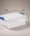 Heavy Duty 15 Quart Latching Storage Bin With Secure Lock Tight Lid And Crystal Clear Window dimensions displayed.