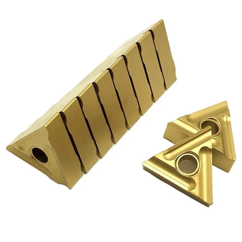 Premium 10 Pack Indexable Carbide Turning Inserts TNMG160404R And 08R for external lathe work, showing individual and stacked inserts.