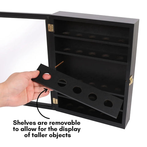 Lockable Wall Mount Golf Ball Display Case Holds Up To 35 Balls With Polished Plexiglass Circle Shelves, shelf removal shown