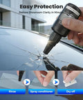 Person applying Windshield Crack Repair Kit 2026 Upgrade With Fast Acting Resin Liquid to cracked car window.