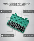 Rock Solid Chrome Vanadium Steel 11 Piece Extended Socket Set With Hex Bit Adapter And Deep Reach Tool Kit For Heavy Duty Auto Repair And Machinery Jobs Ranging From 10mm To 24mm That Will Rock Your World Today, green case open