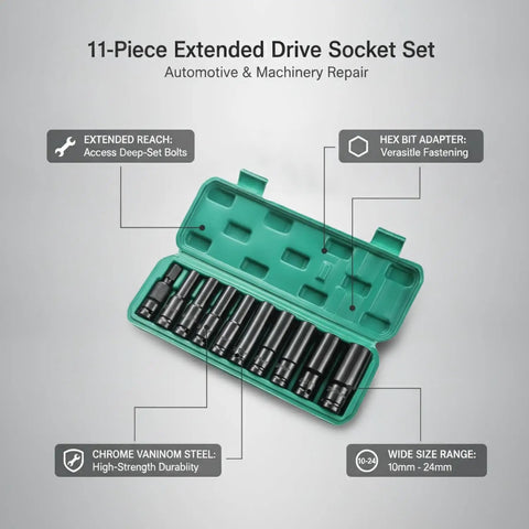 Rock Solid Chrome Vanadium Steel 11 Piece Extended Socket Set With Hex Bit Adapter And Deep Reach Tool Kit For Heavy Duty Auto Repair And Machinery Jobs Ranging From 10mm To 24mm That Will Rock Your World Today, green case open