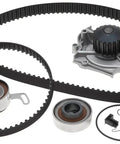 Real Deal Oem Timing Belt Water Pump Service Kit Direct Fit For Engine Keeps Thing Rocking Smooth No Breakage On The Road Ensuring Long Lasting Performance And Safety With Trusted Dealer Parts Built To Handle Daily Grind And Run Smooth Like New. timing belt kit with water pump, pulleys, seals, and springs on white background